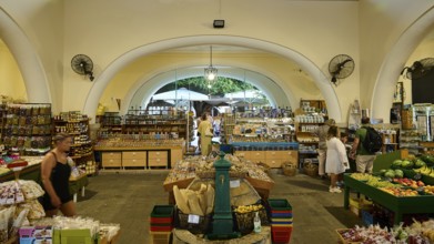 Agora, Municipal Market Hall, A busy marketplace with various food stalls and people, Kos Town,
