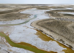 Aerial view of a barren desert landscape with salt lakes and dry river, aerial view, salt lake, Tuz