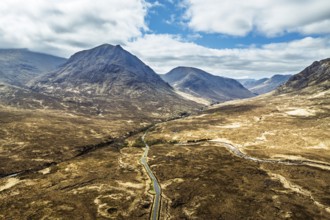 Mountains and Moors over Glen Etive Valley from a drone, Buachaille Etive Mòr, The Buachaille,