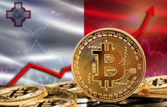 Bitcoin rising with Malta flag in the background. Bitcoin with Malta flag in the background
