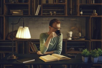 A middle-aged man sits at a desk in a cozy room, sipping a herbal tea from a mug. Soft light from a