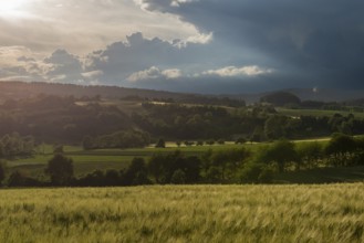Dramatic cloudy sky with approaching storm and last rays of sunshine, Frankenhain, dark cloud wall,
