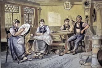Family on a Sunday afternoon in a living room on a farm in the Appenzell area, a region in