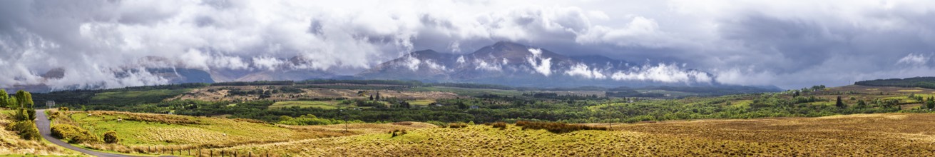 Panorama of Nevis Range Mountains from Commando Memorial, Grampian Mountains, Fort William,