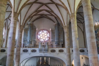 Church interior with organ, rose window and Gothic vaults, Merano, Italy
