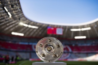 Bundesliga Meisterschale, trophy, cup, on podium, Allianz Arena, Munich, Bavaria, Germany