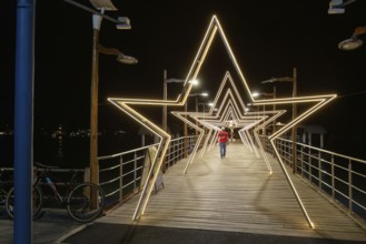 Harbour lighting, jetty, Christmas decoration, Santa Cruz, Galapagos, Ecuador