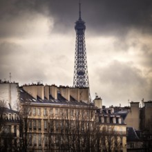 With a dramatic overcast sky, the Eiffel Tower rises impressively above the historic buildings of