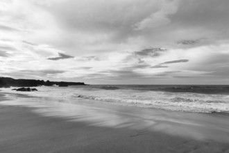 Skarðsvík Beach, surf waves on a sandy beach, coastal landscape, monochrome, Skardsvik,