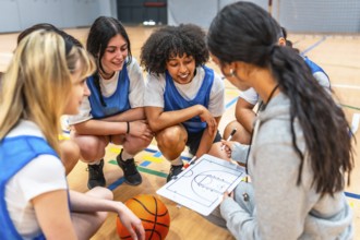 Basketball coach explaining game strategy to her young female athletes on a clipboard in a gym