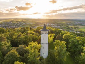 In the sunset light, a tower rises above the blossoming scenery, Engelberg Tower, Leonberg, Germany