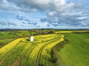 Rapeseed fields and Farms over Devon Windmill from a drone, Torquay, Devon, England, United Kingdom