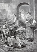 Poor vegetable market in a small town in France around 1880, Poverty, Historical, digitally