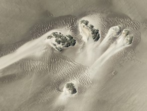 Small sand heaps form around the sparse vegetation in the Namib Desert. Aerial view. Drone shot.