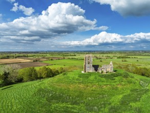 Burrow Mump from a drone, Southlake Moor, Burrowbridge, Taunton, Somerset, England, United Kingdom
