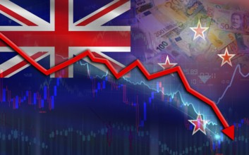 New Zealand financial fall on economy market. New Zealand financial crisis on economic graph