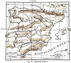 Pyrenean Peninsula, historical geographical map, topography, Madrid, Lisbon, Ebro, Tagus, Pyrenees,