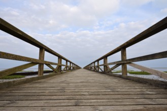 Wooden walkway in the Wadden Sea, Wadden Sea National Park, North Frisia, Schleswig-Holstein,