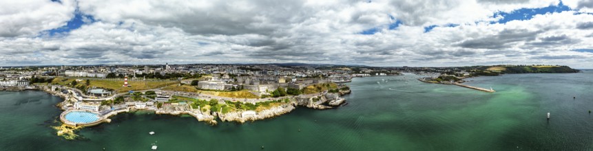 Panorama of of Plymouth from drone, Mount Batten Tower, Devon, England, United Kingdom
