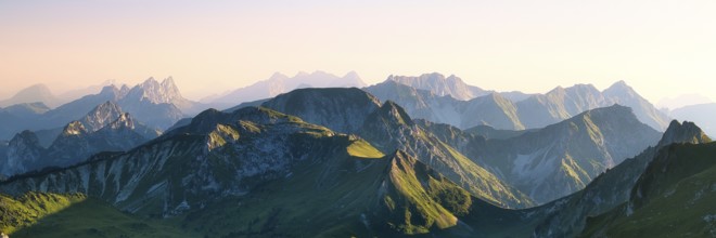 Panorama from Mount Gantrisch, sunset over the Bernese and Fribourg Pre-Alps, Canton of Bern,