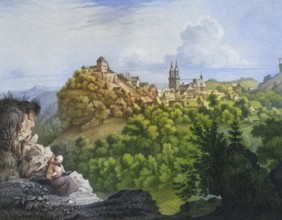 Castle, church and village of Gößweinstein around 1850, Franconian Switzerland, district of