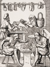 Shoemaker. Reproduction of a woodcut from the 16th century by Jost Amman from the 19th century,