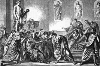 The assassination of Julius Caesar by a conspiracy of about 60 Roman senators, the so-called