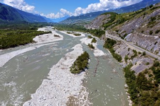Unregulated river course in a natural riverbed, the Rhone, also known as the Rotten, flows through