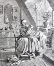 Grandmother shows granddaughter how to knit, at home, knitting utensils, wool, 1888, Germany,