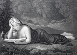 Magdalena, Woman lying on the ground and reading a book, Steel engraving after a painting by