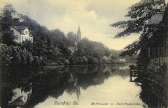 Historical postcard, picture postcard, bank of the Mulde with Paradise Bridge in Zwickau, Saxony,
