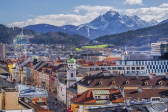 Old town roofs above the Herzog-Friedrich-Strasse with the Serles 2717m, Innsbruck, Inntal,