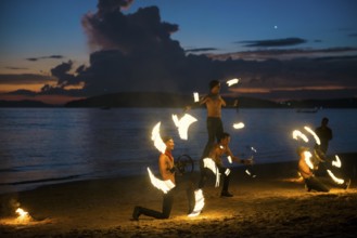 Fire show, jugglers with fire, Ao Nang Beach, sunset, Ao Nang, Krabi, Thailand