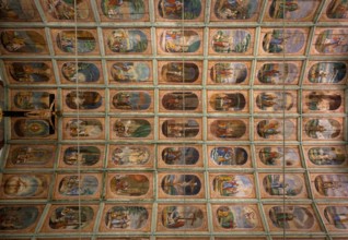 Interior view, church ceiling, wooden ceiling with New Testament scenes, apostles and the secondary