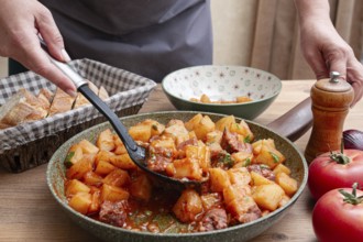 Homemade stew with potatoes and meat, cooked in a frying pan, is served on a plate
