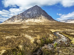 The Buachaille Mountain and Moors over Glen Etive Valley from a drone, Buachaille Etive Mòr, The