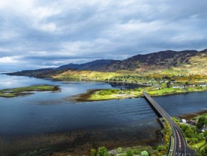 Loch Long Bridge or Dornie New Bridge from a drone, Loch Long River, Highlands, Scotland, England,
