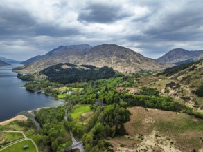 Loch Shiel from a drone, Glenfinnan, River Finnan, West Highland, Scotland, United Kingdom