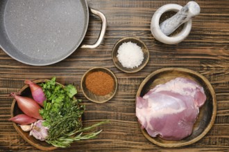 Fresh turkey thigh on a wooden plate alongside vibrant herbs, shallots, and spices. Overhead view