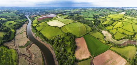 Panorama of Farms and Fields over River Dart from a drone, Stoke Gabriel, Totnes, Devon, England,