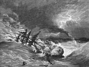 Ship in distress due to a storm and a waterspout, around 1870, Scotland, digital reproduction of a