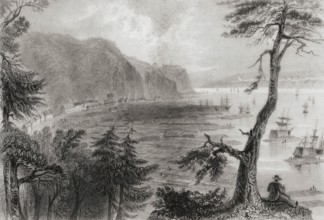 Timber Depot, lumberyard in the water, Quebec, Canada in the 19th century. From the Cyclopaedia of
