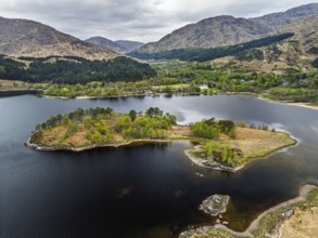 Loch Shiel from a drone, Glenfinnan, River Finnan, West Highland, Scotland, United Kingdom