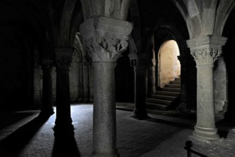 Vaults, columns with capitals, underground grove of columns, pagan crypt, 10th century, gloomy