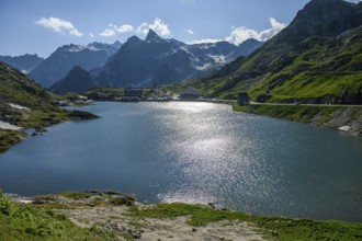 View from 2473 metre high alpine pass summit of Col du Grand Saint Bernard Great Saint Bernard Pass