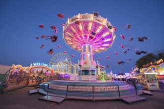 Brightly illuminated carousel turns at a night fair, chain carousel, spring festival, Cannstatter