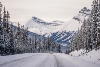 Winter road trip on the Icefields Parkway with lots of snow and ice, Banff National Park, Jasper