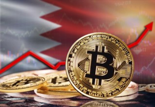 Bitcoin with Bahrain flag in the background. Investors in cryptocurrency and Blockchain Technology