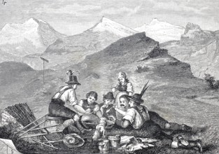 Alpine farmers taking a break while mowing the mountains, Vesper, Alps, Tyrol, around 1880,