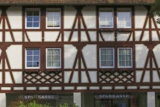 Half-timbered house, facade, savings bank, lettering, letters, mullioned window, Oberuhldingen